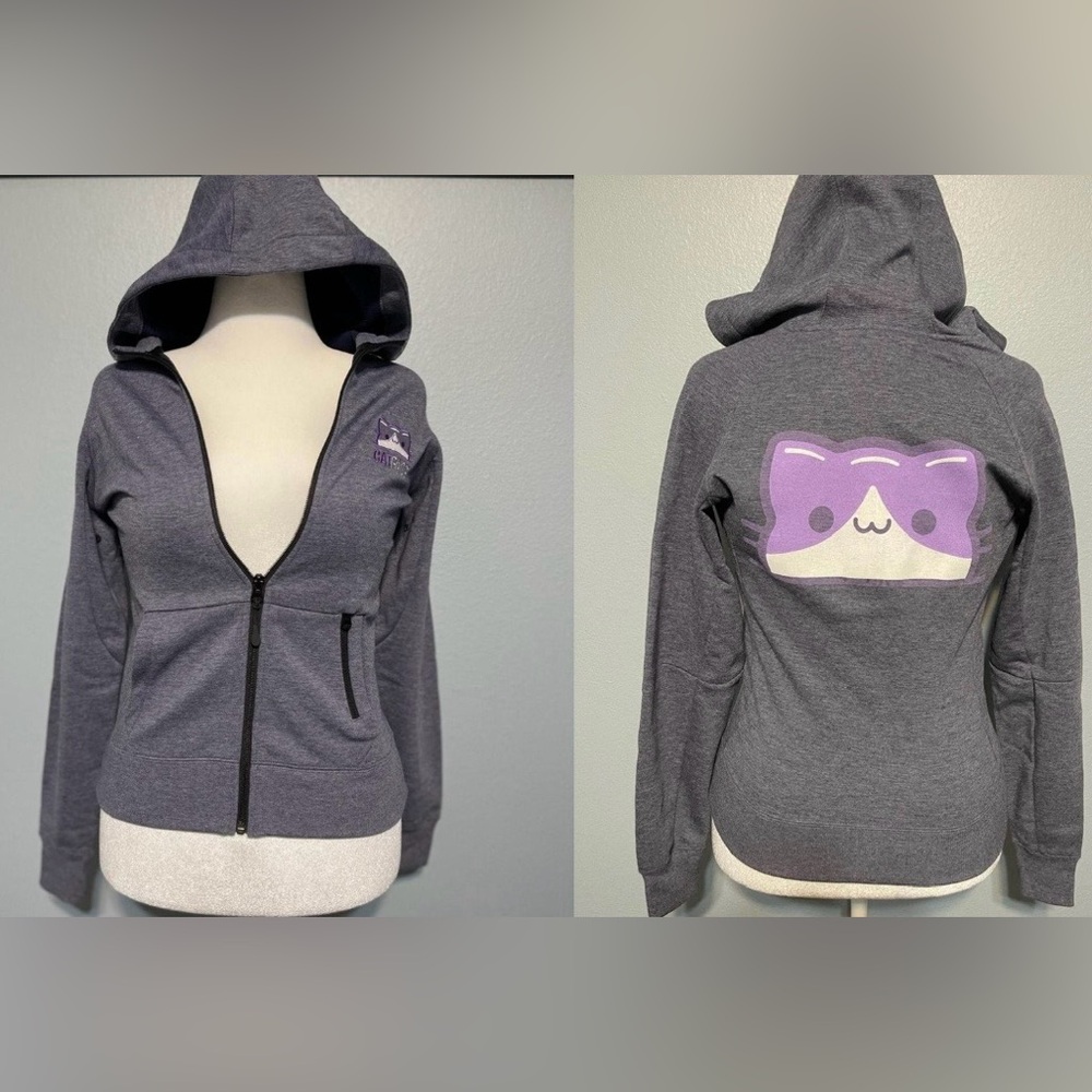 Clique Cat Cafe Zip Hoodie Gray Full Zip Jacket Embroidered Cat Graphic XS NWT